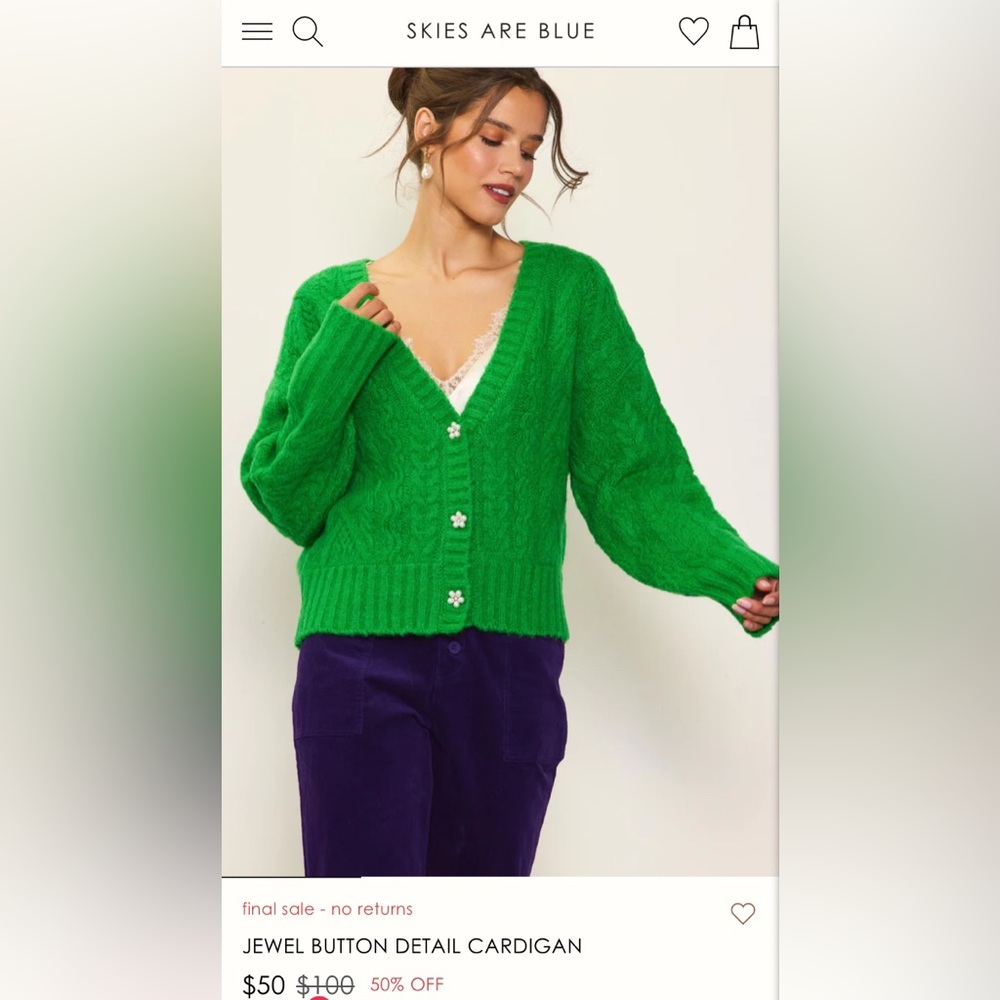 Green sweater - Skies Are Blue - new and never worn!